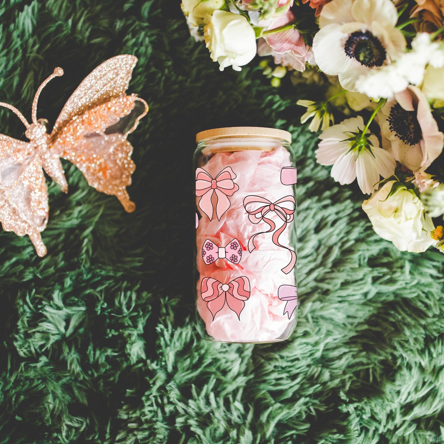 Girly coquette bow glass cup with bamboo lid glass straw, Cute Cup Beer Can Iced Coffee Glass Cup Cute preppy Glass Cup gift for her